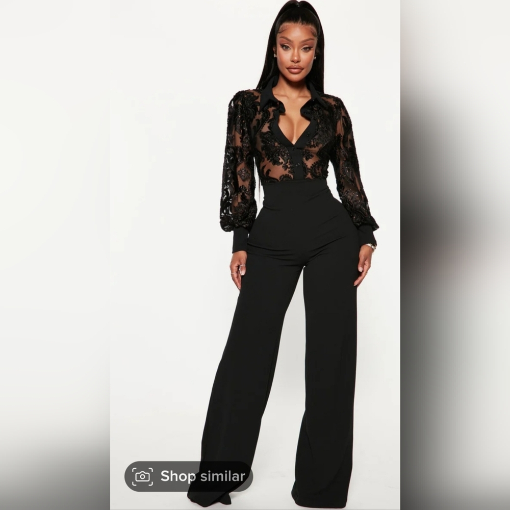 Fashion Nova Black Sheer Lace Jumpsuit